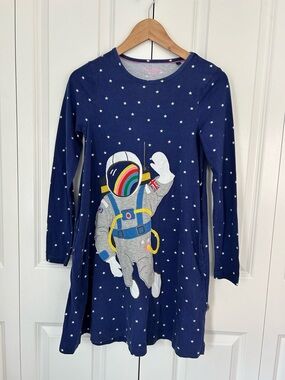 Mini Boden girl’s astronaut dress 11-12 years blue polka dots outer space,cotton